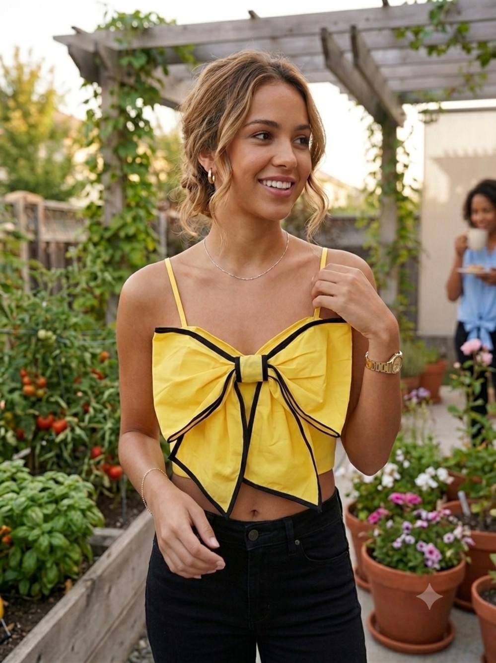 Yellow Bow Crop Top with Black Trim